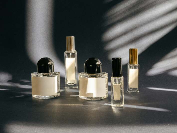 Hand pouring golden scented oil from a ceramic dropper bottle into a palm, with soft natural light and minimal background